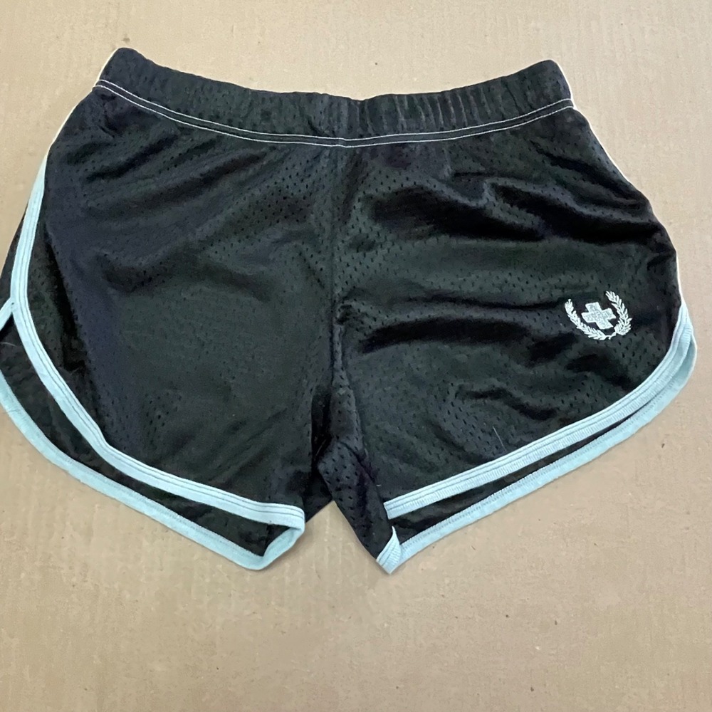 Andrew Christian Mens Black Mesh w/Blue Trim Laurel Wreath Varsity Gym Shorts M